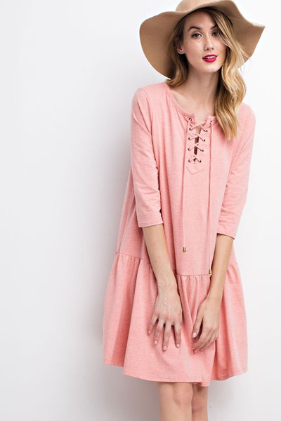 Pink Long Sleeve Lace Up Babydoll Stretchy Mini Dress Pink Long Sleeve Lace Up Babydoll Stretchy Mini Dress