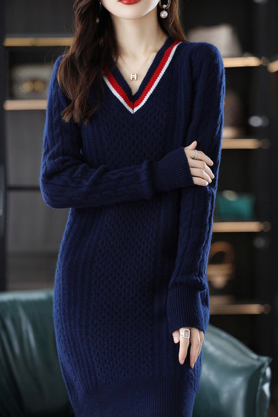 sweater dress v neck V Neck Sweater Mini Dress With Color Contrast