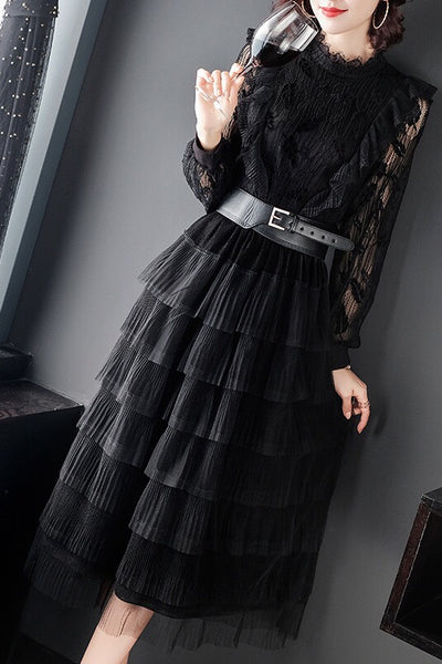 Black Lace Layered Party Dress With Belt Women s Dress Dress