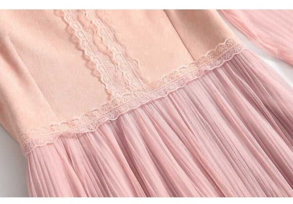 Pink Suede and Pleated Lace Dress - Women's Party Dress