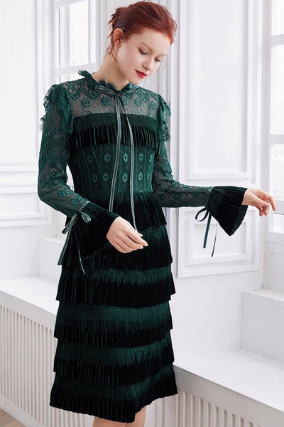 Vintage Lace Dress Layered Hem - Women's Party Dress | Dress