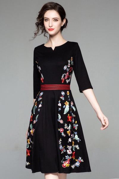 Black Fit and Flare Dress With Floral Embroidery