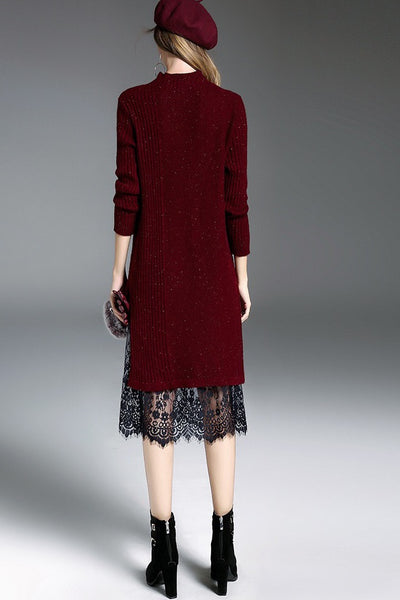 chinese dress ladies Momyknows Flare Sleeve Lace Trim Button Trumpet Maternity Sweater Baby Shower Maxi Dress Wine Red / M main image 0