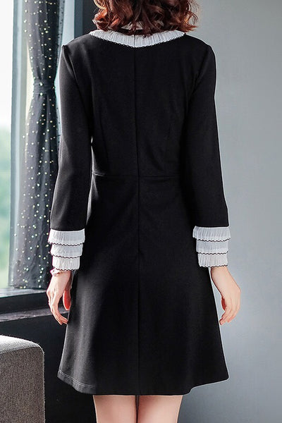 Black and White Long Sleeve Dress W Ruffle- Women's Dress |Dress Album L