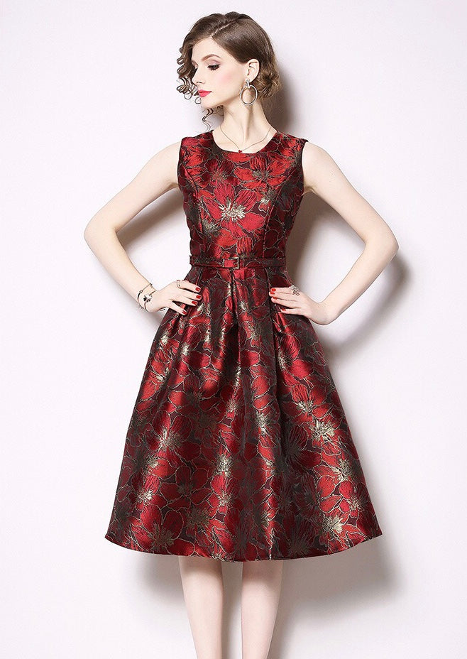 Red Jacquard Fit and Flare Party Dress With Belt | Dress Album XL (US 8) Red Jacquard Fit and Flare Party Dress With Belt | Dress Album XL (US 8)