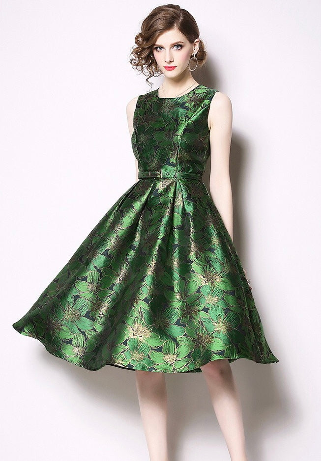 Green Jacquard Fit and Flare Party Dress With Belt | Dress Album S (US 2) Green Jacquard Fit and Flare Party Dress With Belt | Dress Album S (US 2)