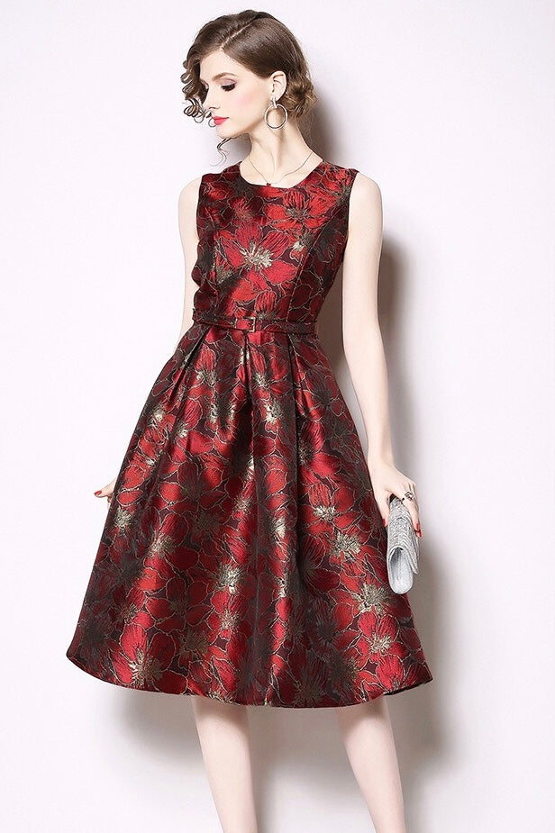 Red Jacquard Fit and Flare Party Dress With Belt | Dress Album XL (US 8) Red Jacquard Fit and Flare Party Dress With Belt | Dress Album XL (US 8)