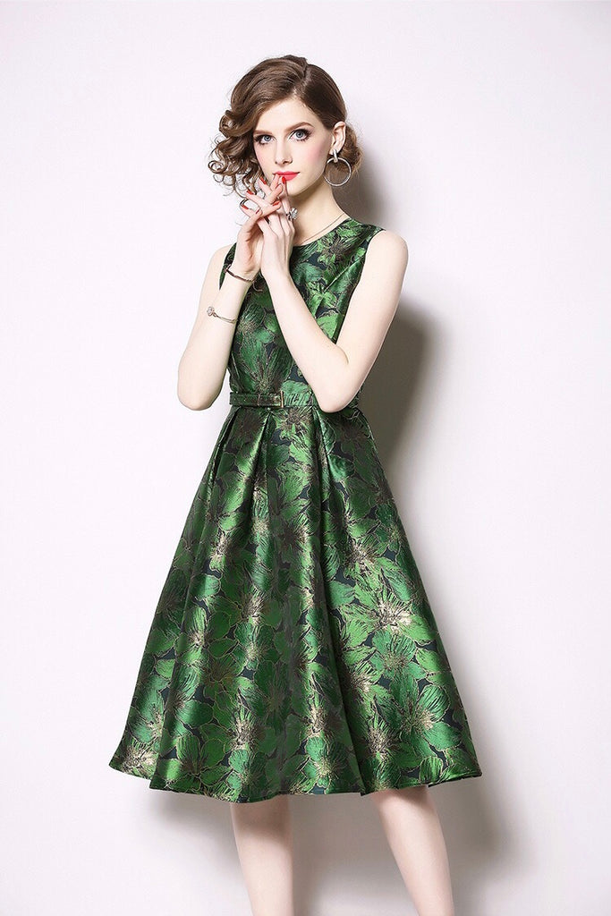 Green Pleated Dress W/ Belt