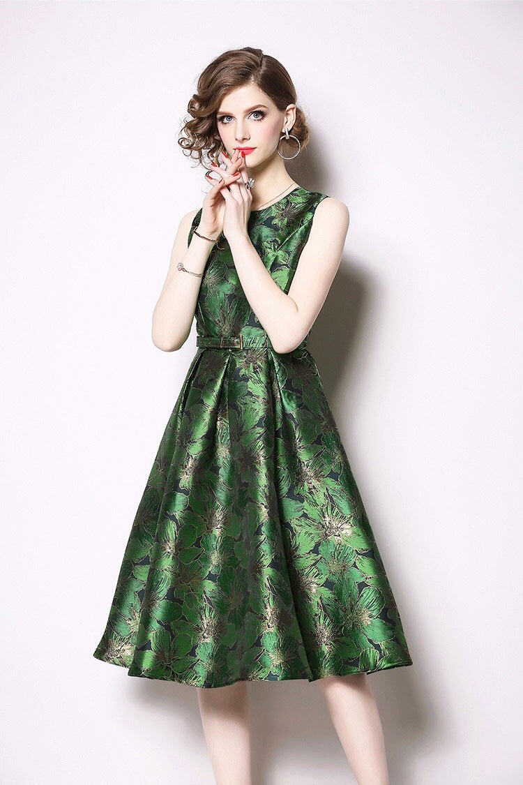 pleated dress Green Jacquard Fit and Flare Party With Belt Ladies Dresses Long Sleeve Hidden side zip heavy-duty-fabric-drawers Inseam:24