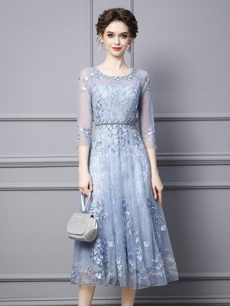 Mesh Midi Dress W/ Embroidery
