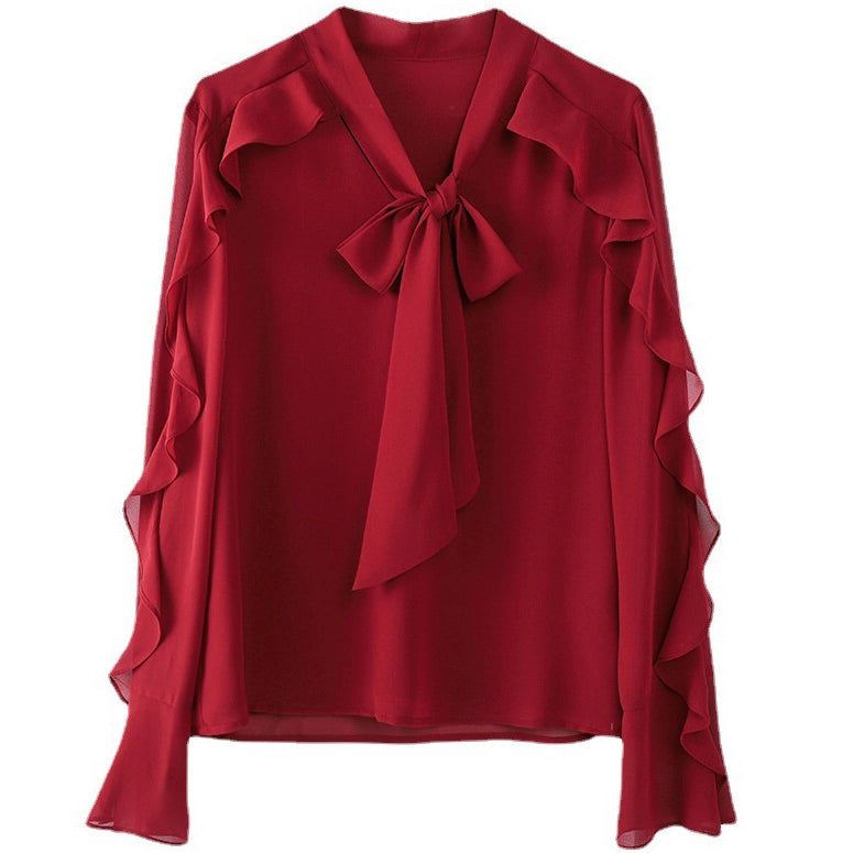 Blouse W/ Bow Tie and Ruffled Sleeve