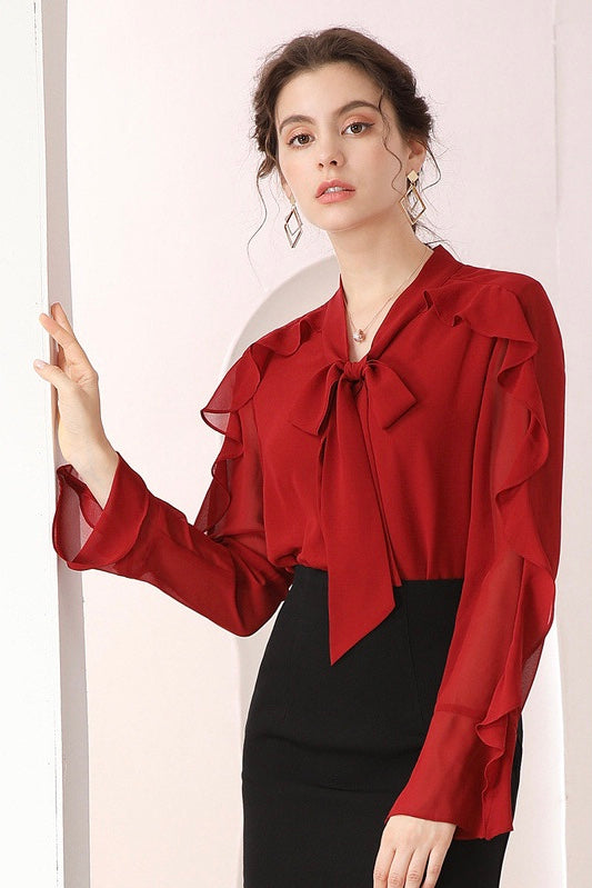 Blouse W/ Bow Tie and Ruffled Sleeve