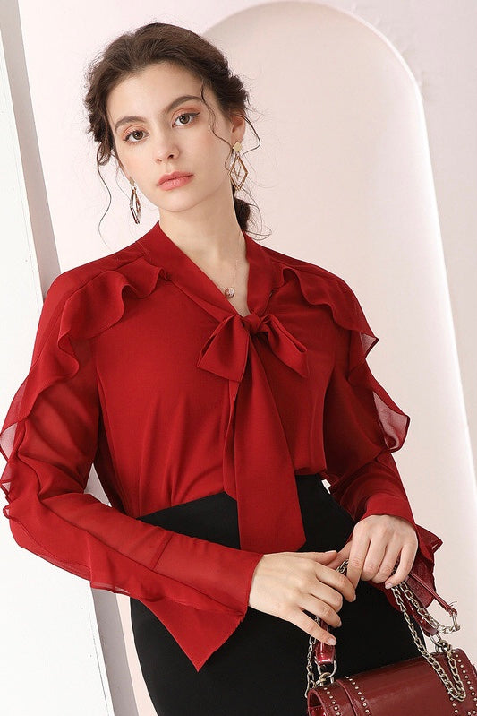 Blouse W/ Bow Tie and Ruffled Sleeve