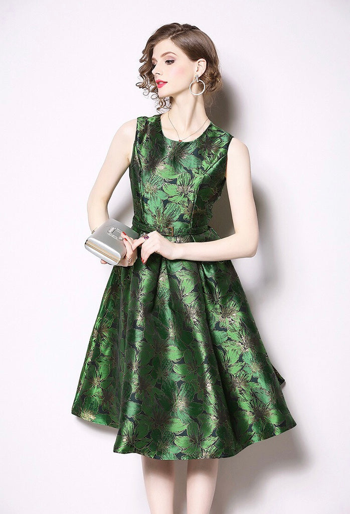 Green Pleated Dress W/ Belt