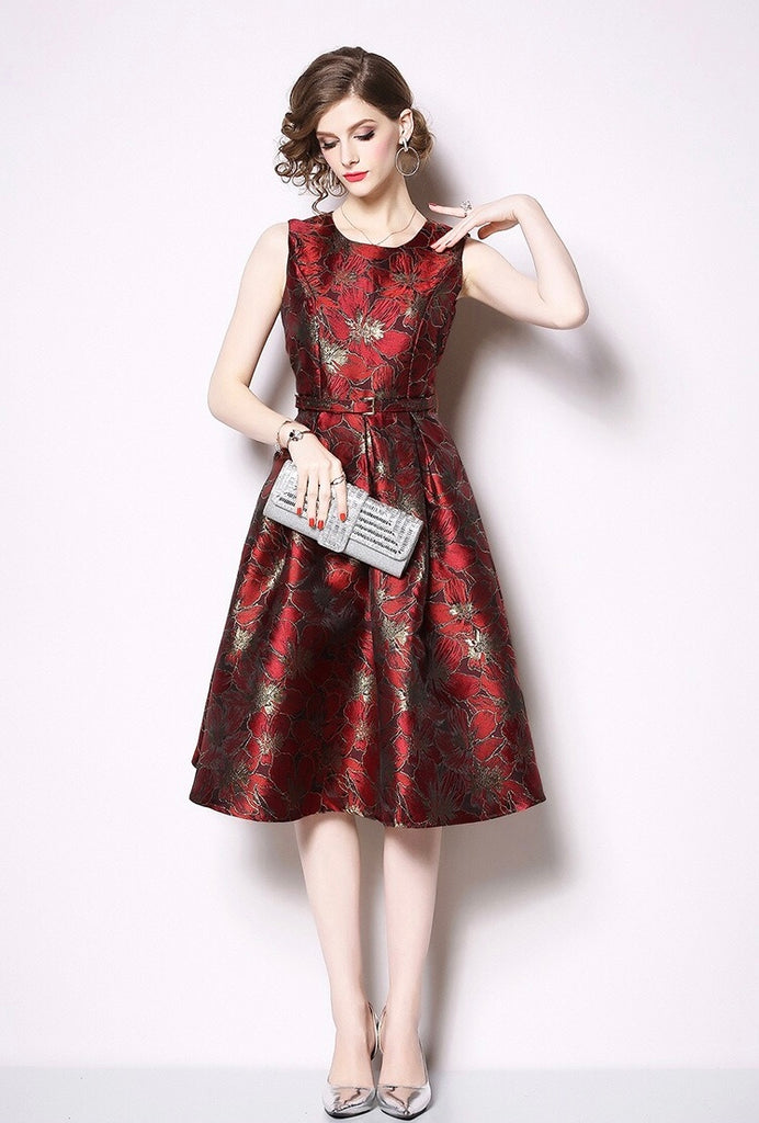 Red Pleated Dress W/ Belt