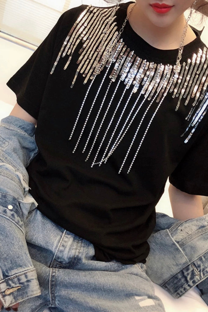 Round Neck Sequin Top