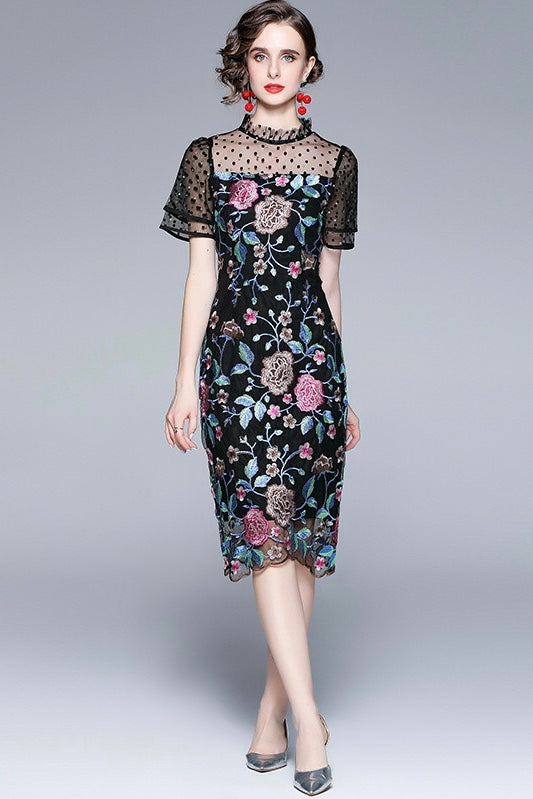 Black Floral Embroidered Dress - Black Midi Dress XXL (US 10) Black Floral Embroidered Dress - Black Midi Dress XXL (US 10)