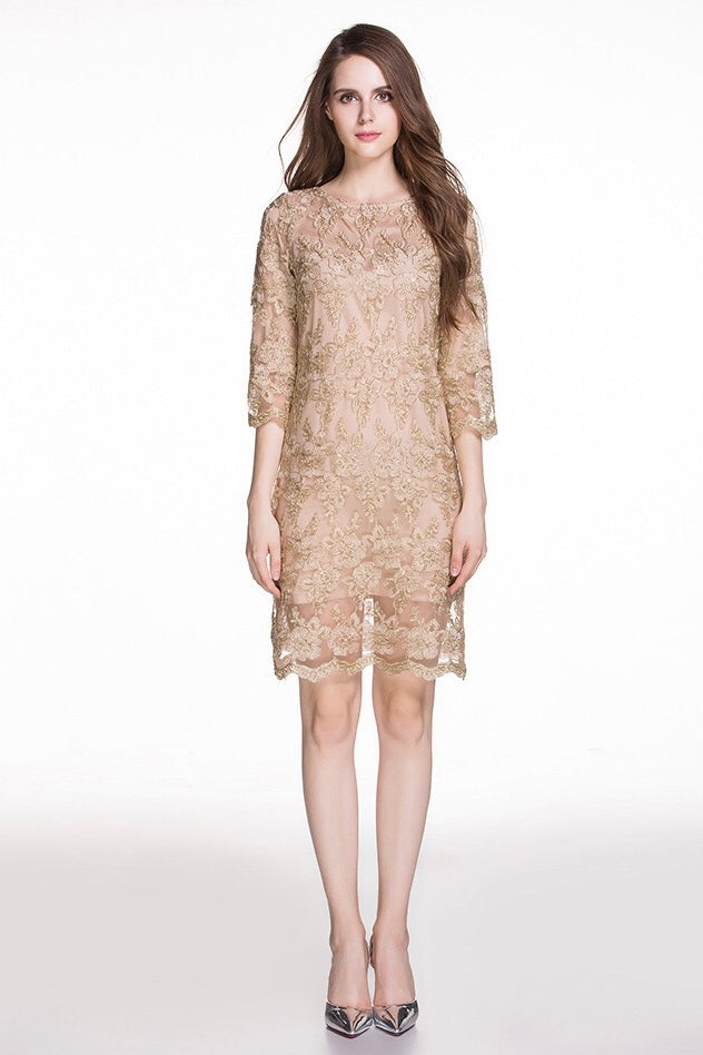 gold lace embroided dress Elegant Gold Lace Midi Evening Dress
