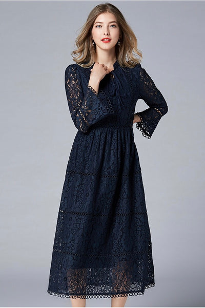 blue halter neck long dress Velvet Dress W/ Lace Overlay