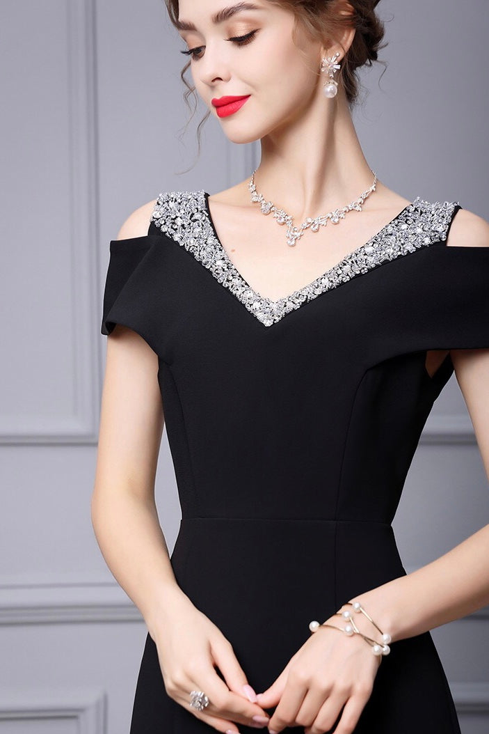 black off the shoulder fishtail dress SHEIN BAE Women's Solid Black Lace Off-Shoulder Fitted Fishtail Dress, For Dates And Parties