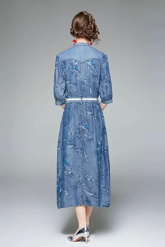 Denim Dress W/ Floral Embroidery