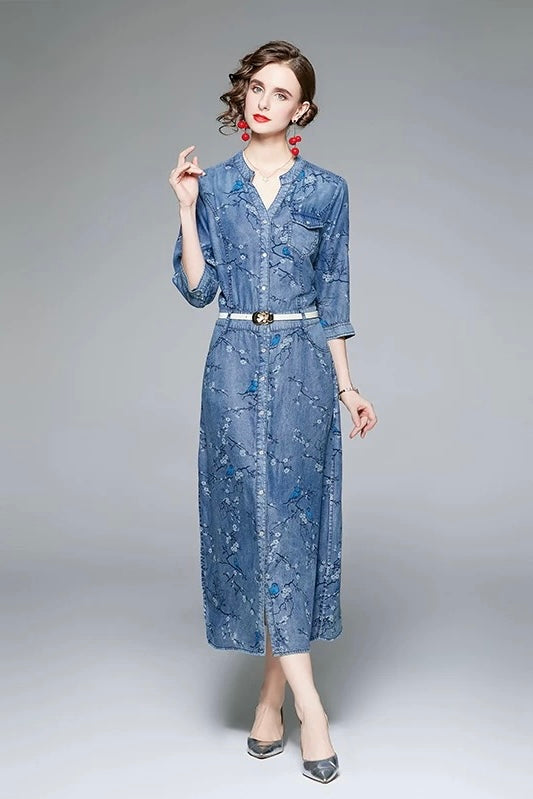 Denim Dress W/ Floral Embroidery