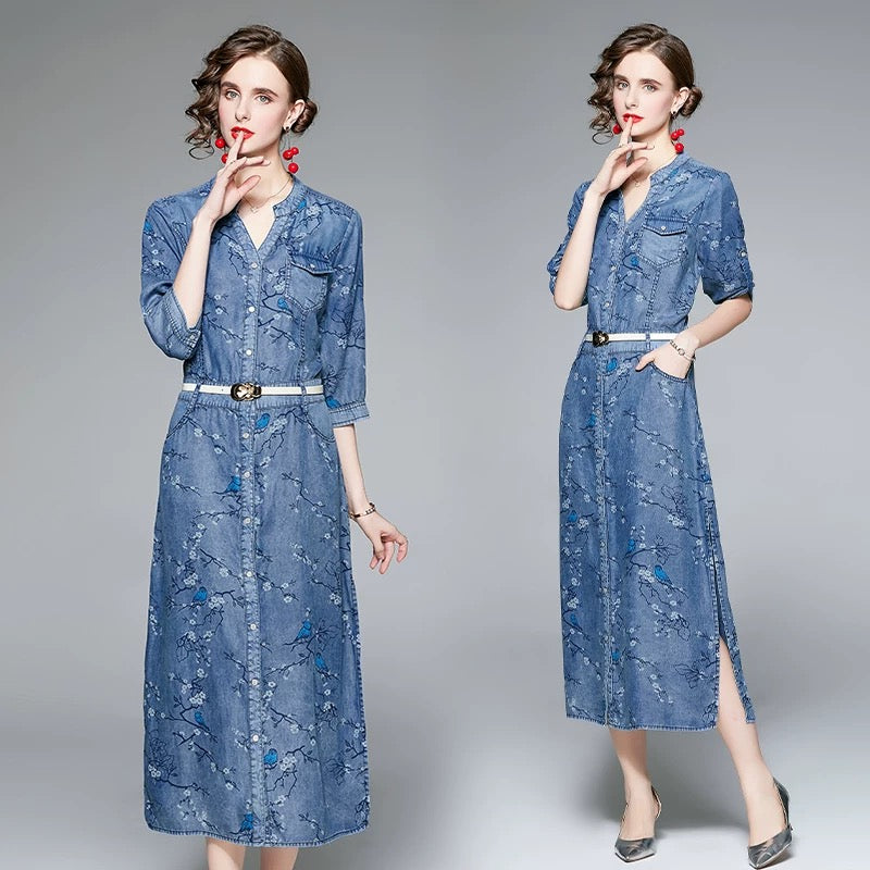 Denim Dress W/ Floral Embroidery
