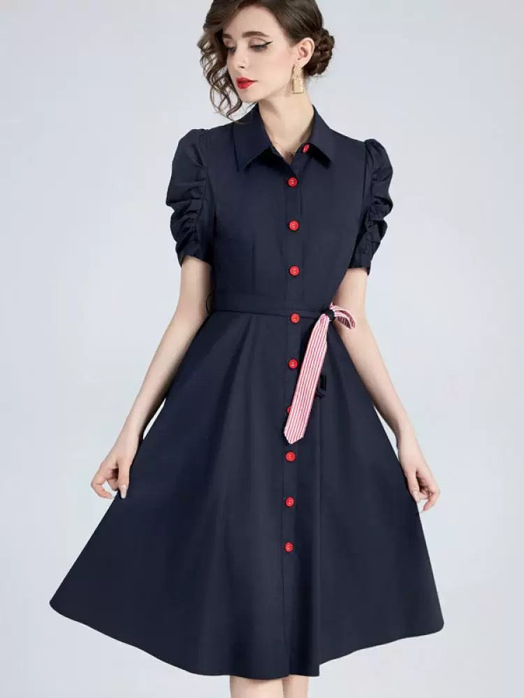 Contrast Button and Belt Dress