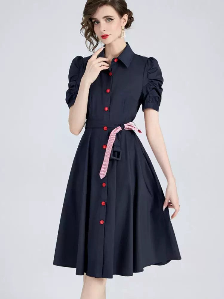 Contrast Button and Belt Dress