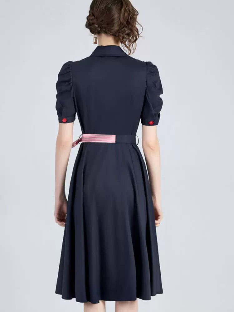 Contrast Button and Belt Dress