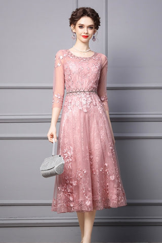 Mesh Midi Dress W/ Embroidery