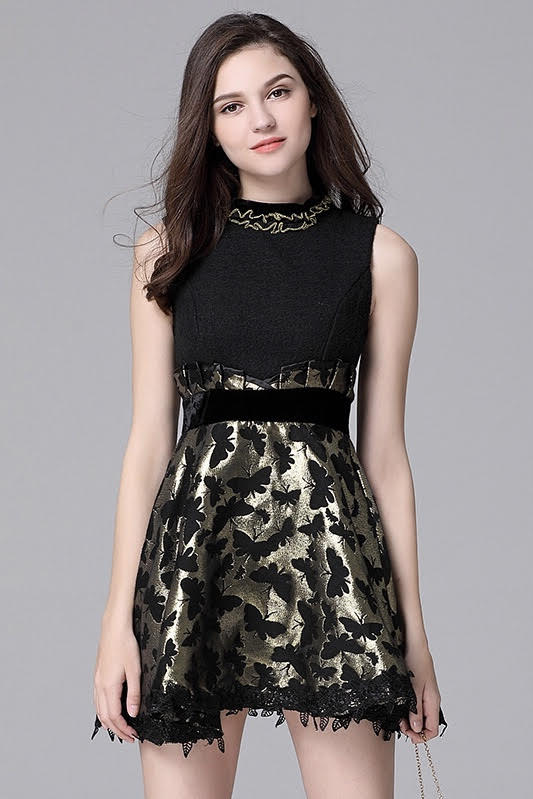 Embroidered Gold Butterfly Dress - Black Skater Dress 2XL (US 6) Embroidered Gold Butterfly Dress - Black Skater Dress 2XL (US 6)