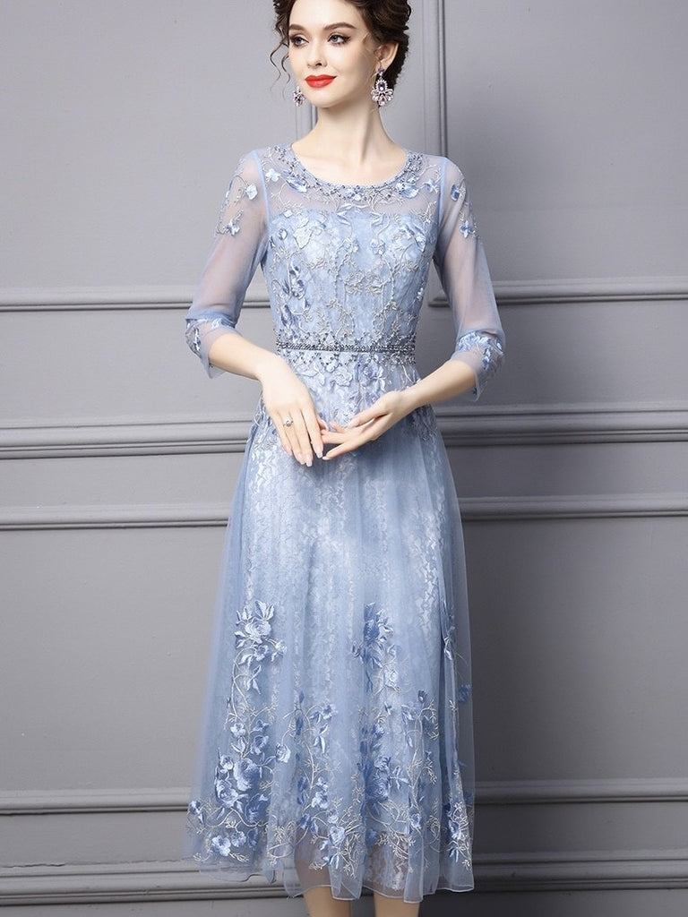 Mesh Midi Dress W/ Embroidery