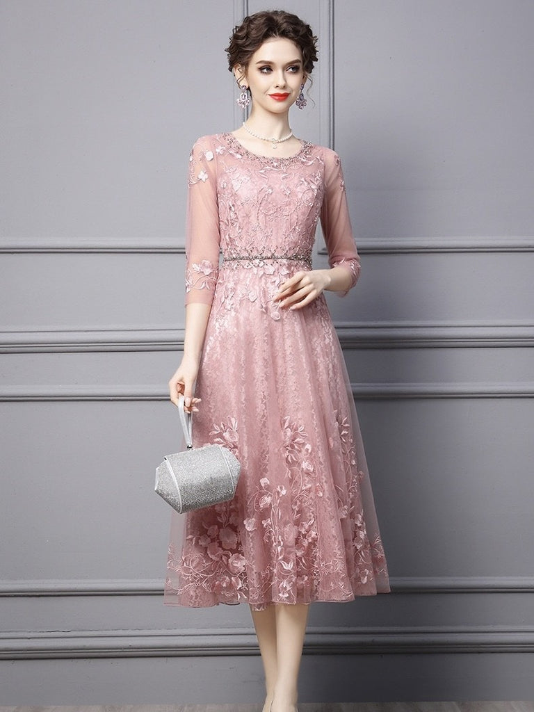 Mesh Midi Dress W/ Embroidery