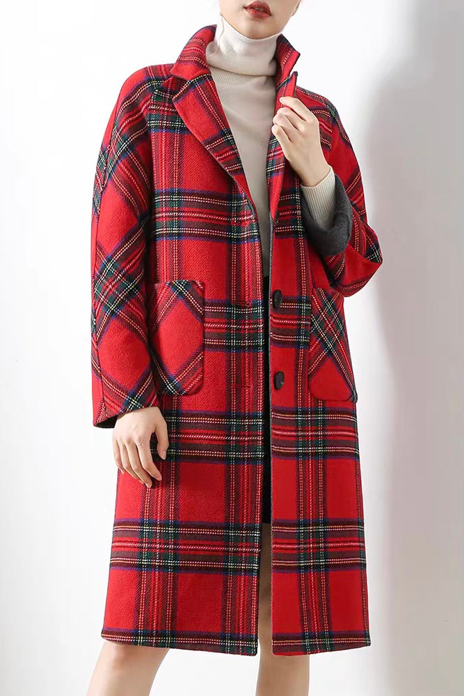 Red Plaid Wool Coat With Big Pockets - Women's Coat