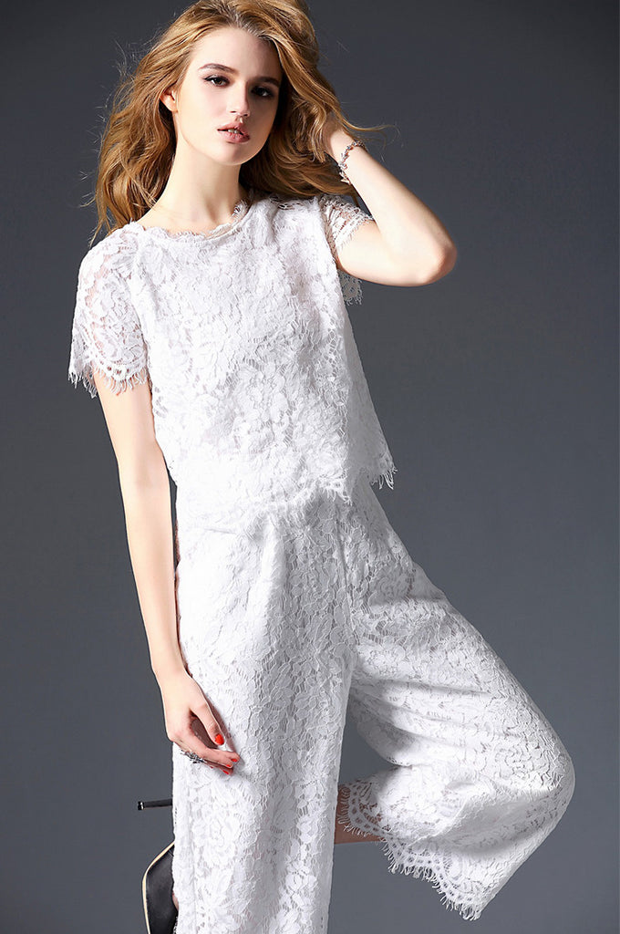 Lace Top and Crop Pants Set - Dress Album