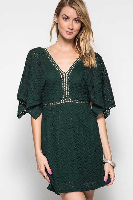 Dark Green Half Open Sleeve Lace Dress Contrast Trim Summer Clearance L Dark Green Half Open Sleeve Lace Dress Contrast Trim Summer Clearance L