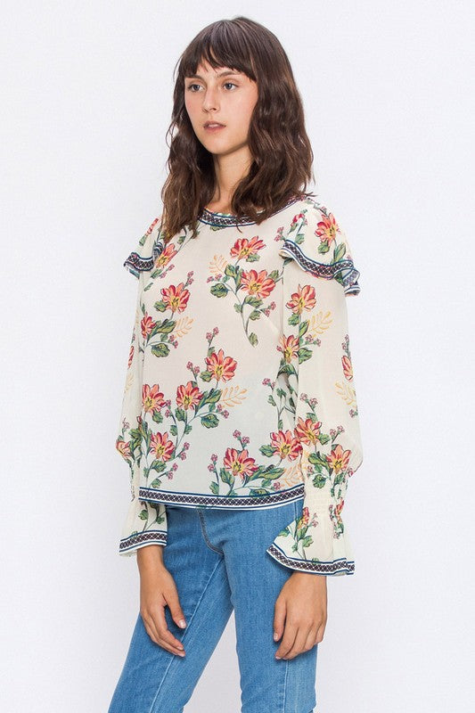 Floral Blouse W/ Bishop Sleeves