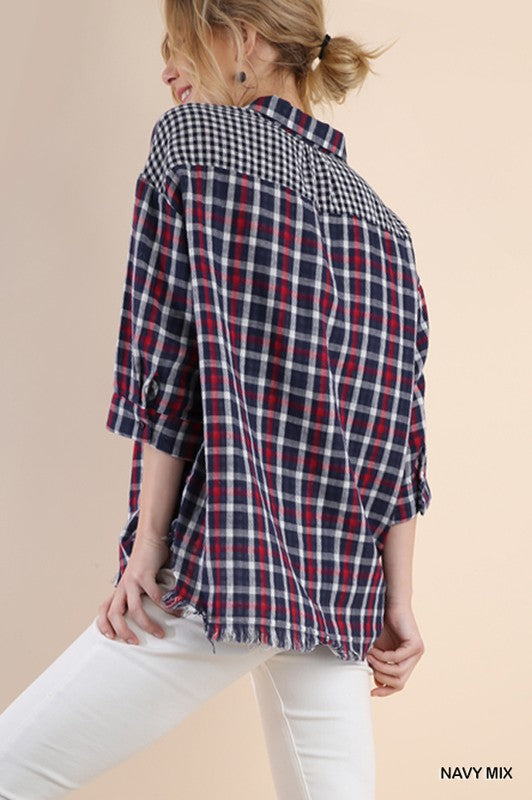 Faux Distressed Plaid Button Up