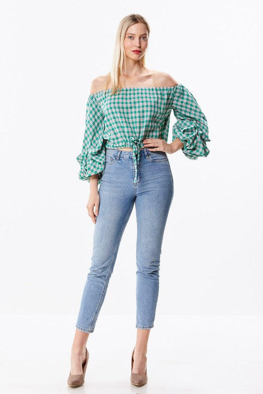 Open Shoulder Plaid Top