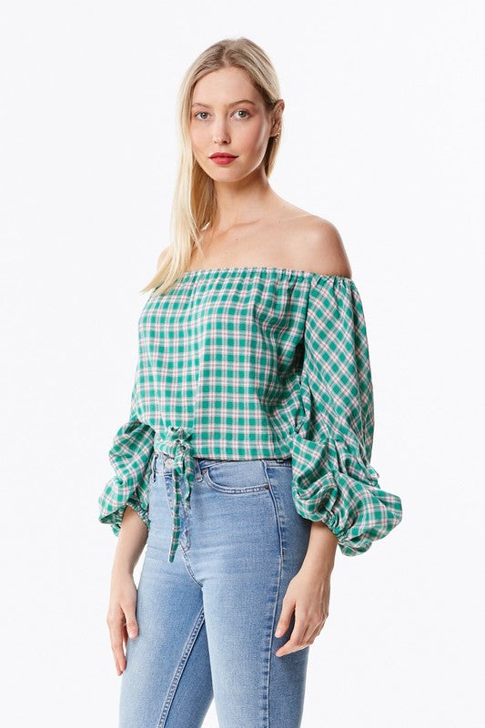 Open Shoulder Plaid Top