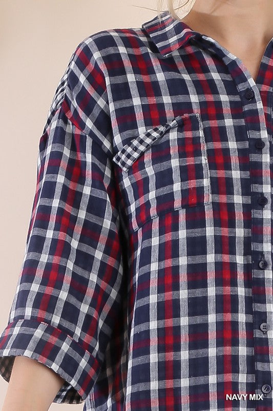 Faux Distressed Plaid Button Up