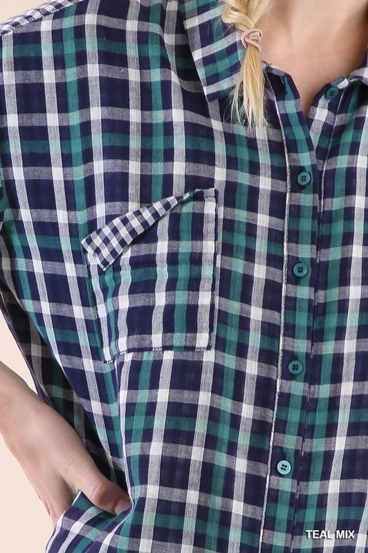 Faux Distressed Plaid Button Up