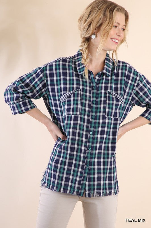 Faux Distressed Plaid Button Up
