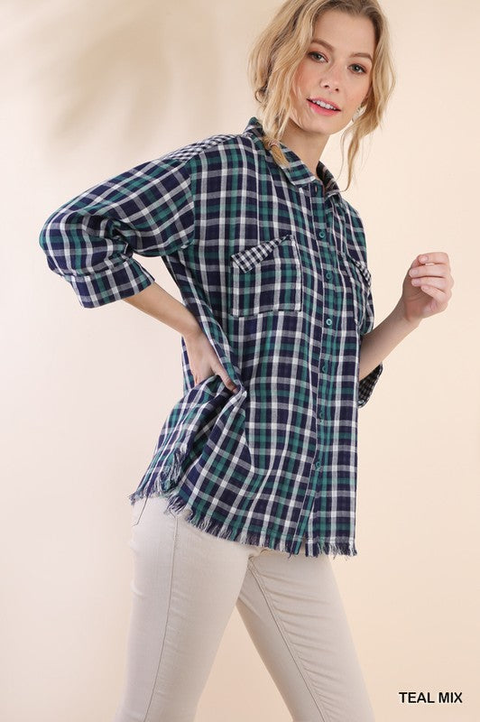 Faux Distressed Plaid Button Up