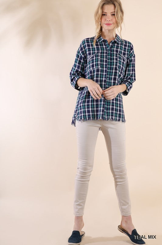 Faux Distressed Plaid Button Up