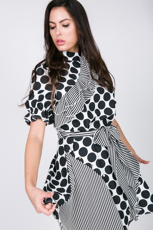 Cold Shoulder Mixed Print Dress