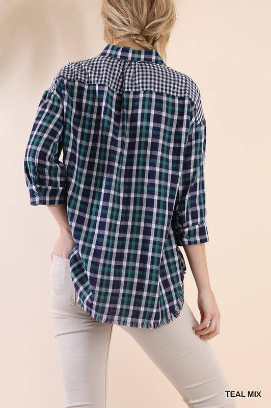 Faux Distressed Plaid Button Up