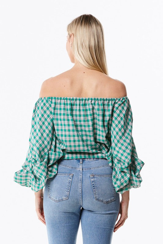 Open Shoulder Plaid Top