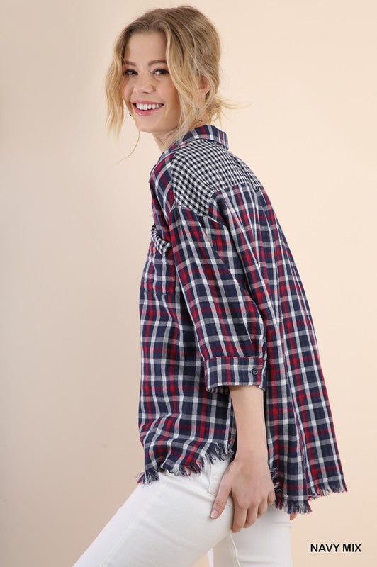 Faux Distressed Plaid Button Up